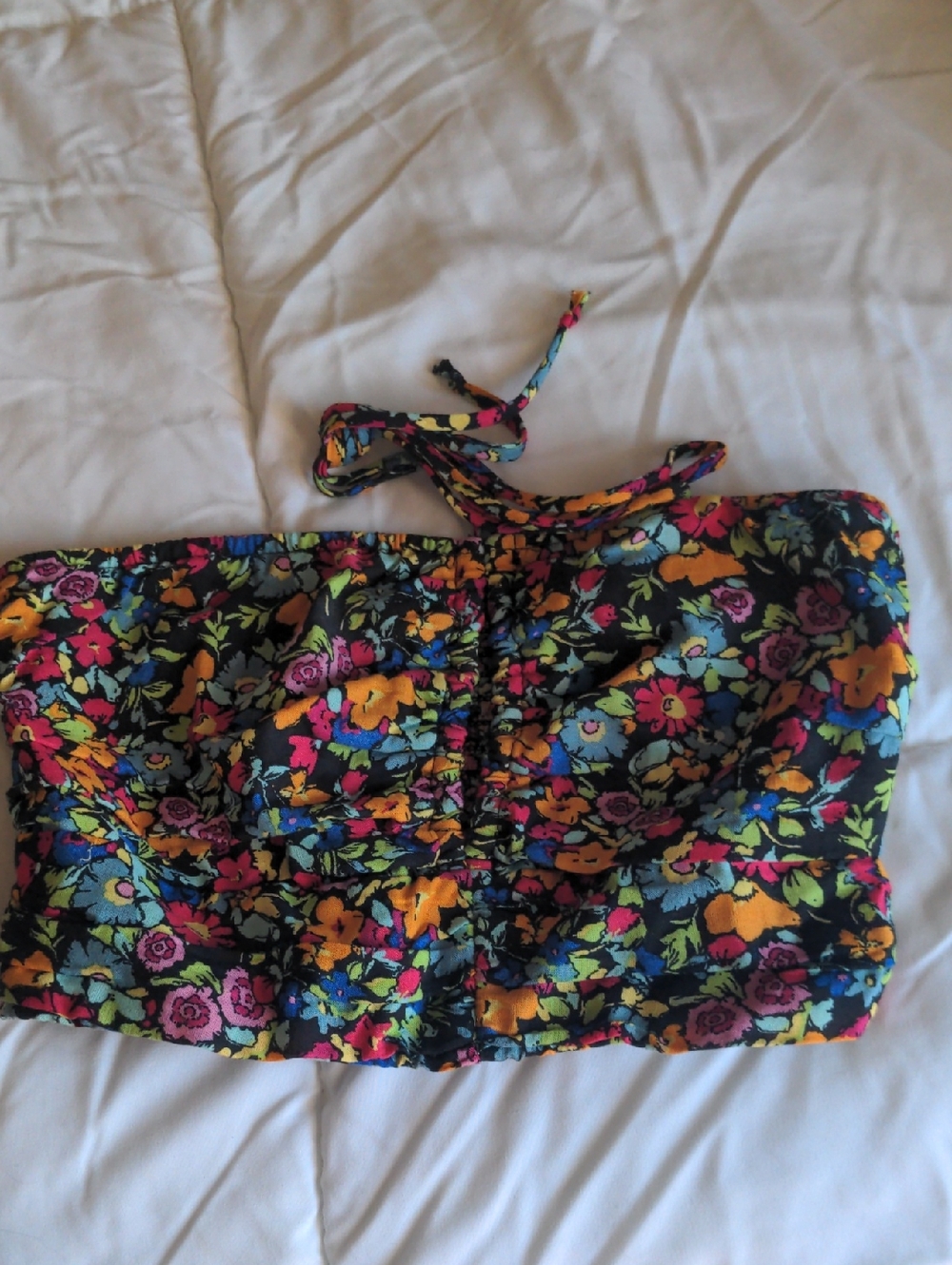 Black Floral Strapless Crop Top With Strings Or Can Be Worn As Halter Top
